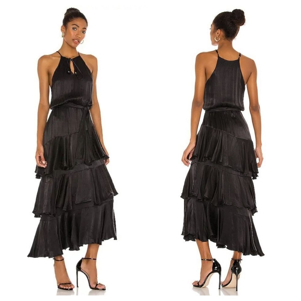 Karina Grimaldi Cassandra Solid Maxi Dress Tiered Black Satin Women's Medium